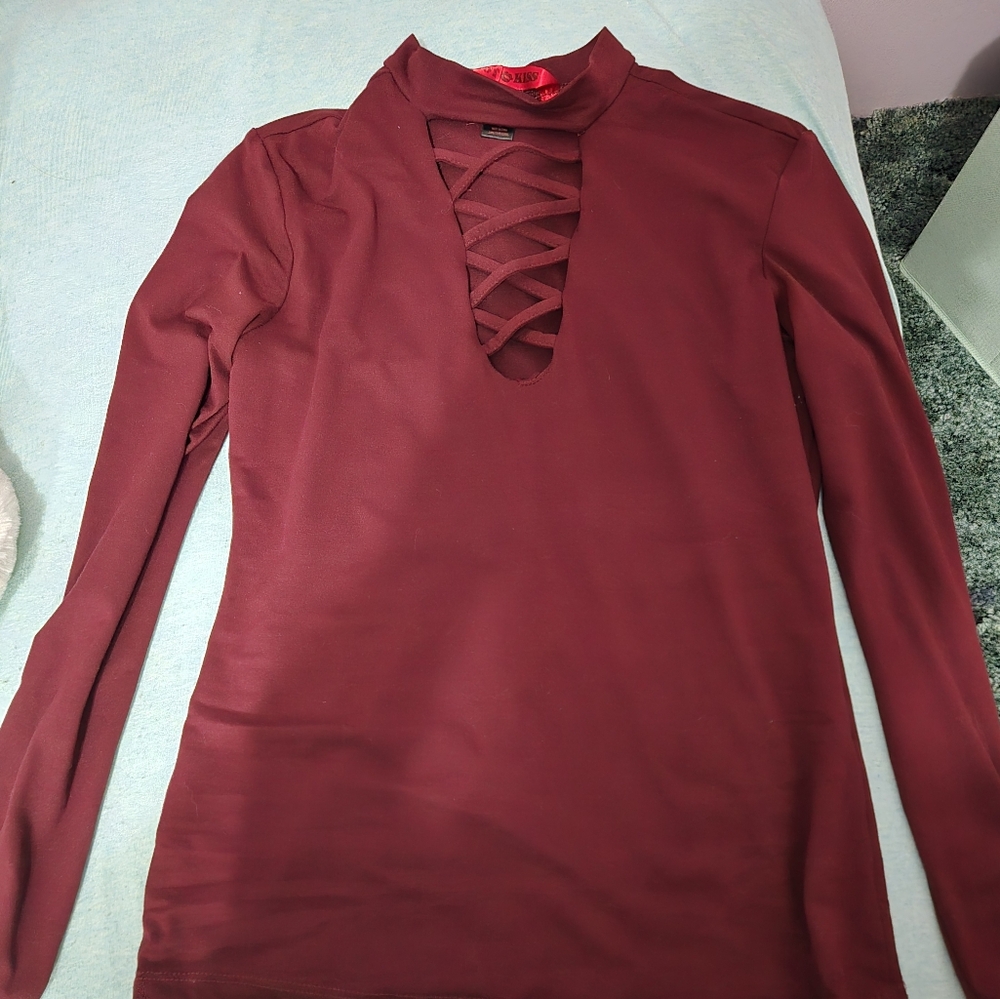 Hot Kiss long sleeve maroon shirt